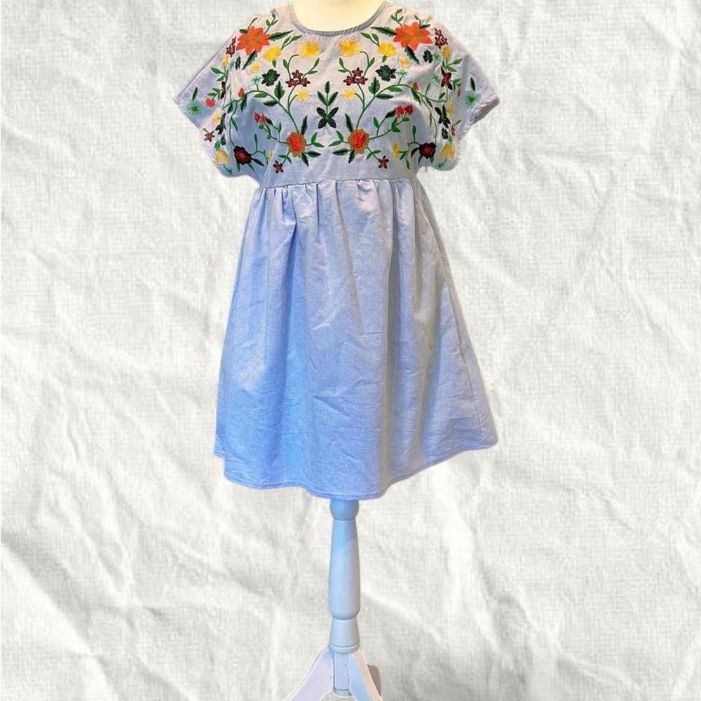 Light Blue Floral Embroidered Babydoll Mini Dress With Pockets Women’s Size S
